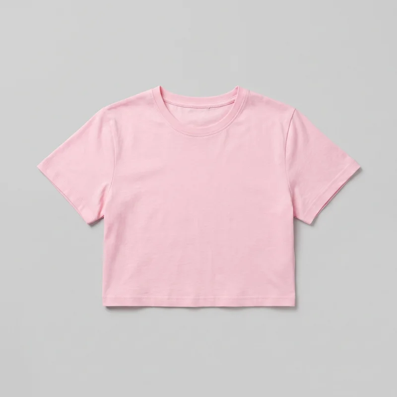 A pastel pink cropped short-sleeve T-shirt is laid flat in a single front-facing view. It has a regular boxy fit, a crew neckline with a separate bound neckband, set-in sleeves, a straight bottom hem, and visible topstitching around the neckband, sleeve hems, and bottom hem. Simple shoulder and side seams are visible, with no closures, pockets, logos, prints, patches, embroidery, or embellishments.