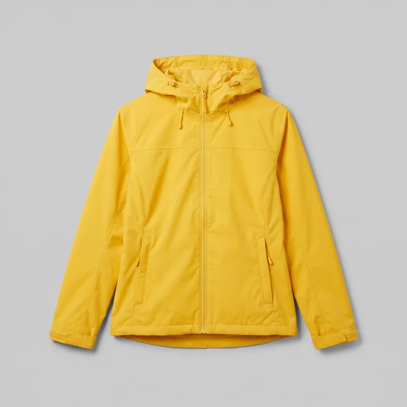 A mostly complete front view of a yellow waterproof jacket shown as a standalone product shot. It has a hood with drawcords, a full-length center zipper, long sleeves with adjustable tab cuffs, two vertical lower-front zippered hand pockets, and a slightly curved hem with a lower back edge visible.