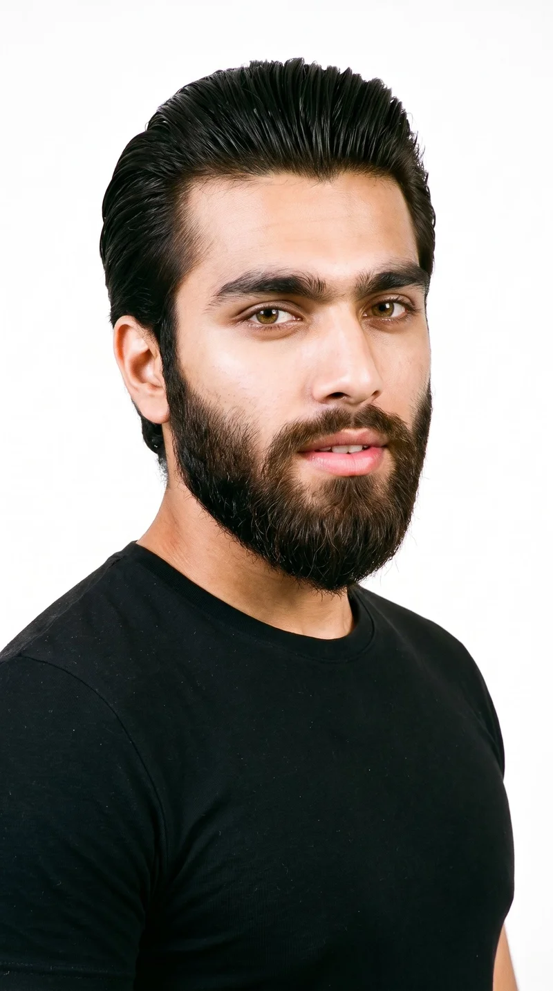 A 20-year-old Indian man with medium olive skin and a greenish-golden undertone. His face has smooth, even, softer features in a refined balance, with thick eyebrows, amber eyes with a golden glow, and medium lips. His dark-brown hair is combed flat and back off his face, close to the head, and he has a full beard grown evenly and continuously across his cheeks, jaw, and chin.