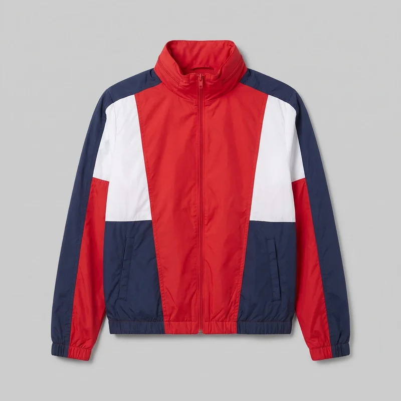 A women's red color-block windbreaker is shown in a mostly complete front view as a standalone product image. The jacket has a high stand collar, full-length center zipper, long sleeves, shaped contrast panels across the shoulders, chest, sleeves, center front, and lower body, two vertical welt-style hand pockets, elasticated cuffs, and a straight elasticated hem.