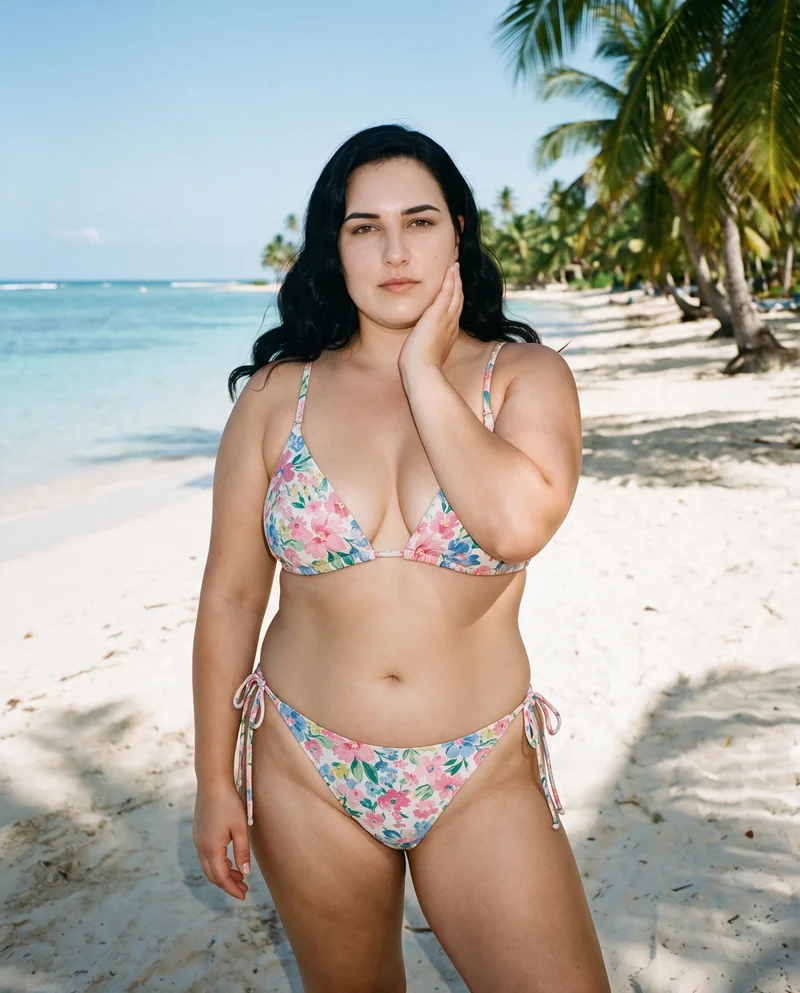 A 26-year-old Caucasian woman wears a floral print bikini in an upper-body front view. Her wrist rests at her jaw, and she has a neutral facial expression. A palm tree beach backdrop is visible.