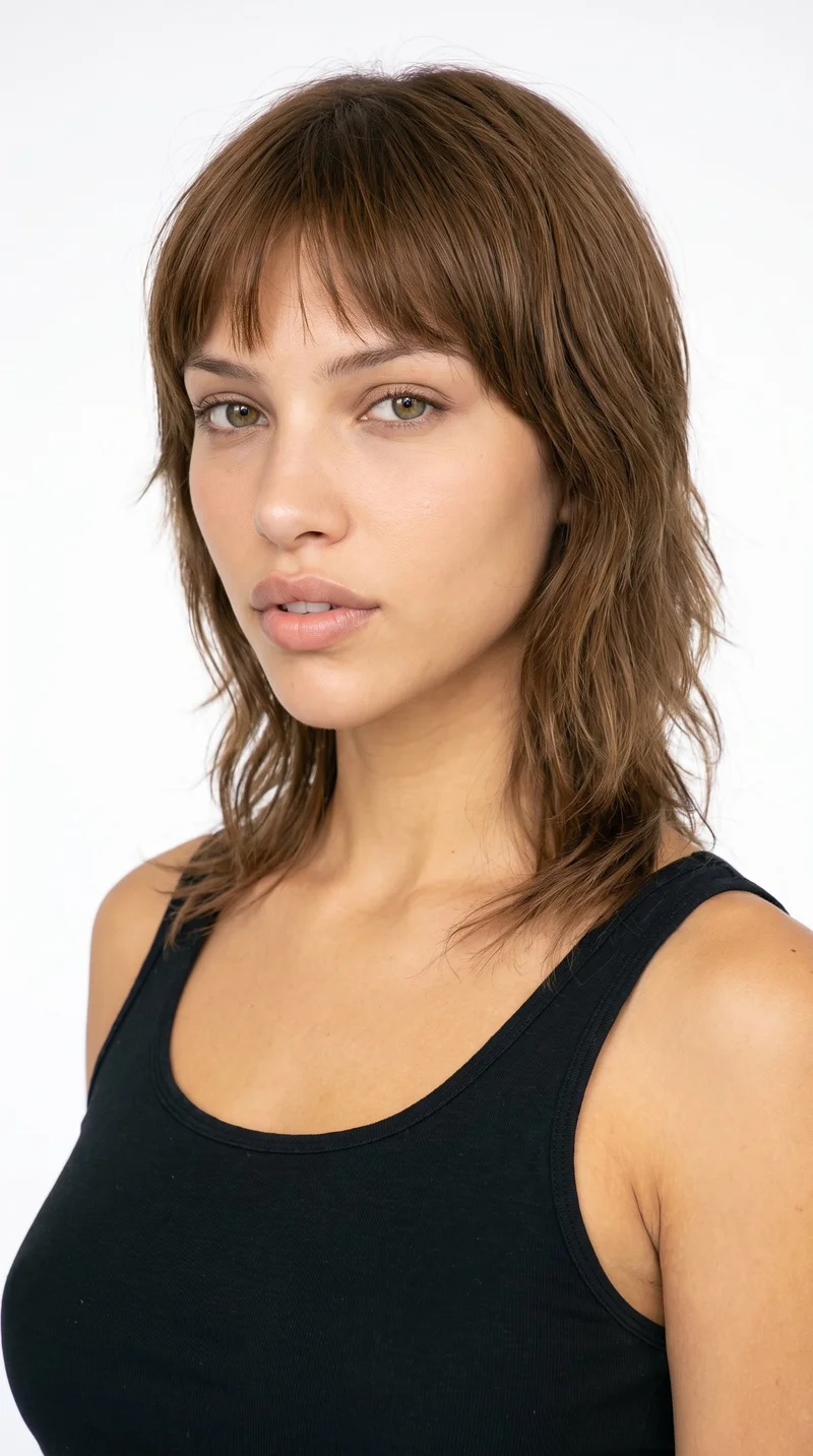 This 18-year-old Hispanic woman has a honey-toned complexion with a warm golden tone and olive-green undertone. Her inverted-triangle face has a wider forehead that narrows toward the chin, emphasizing the upper face. She has medium-thickness eyebrows, green eyes, and full lips. Her medium-brown hair is styled in a layered wolf cut with volume at the crown and tapered, textured lengths.