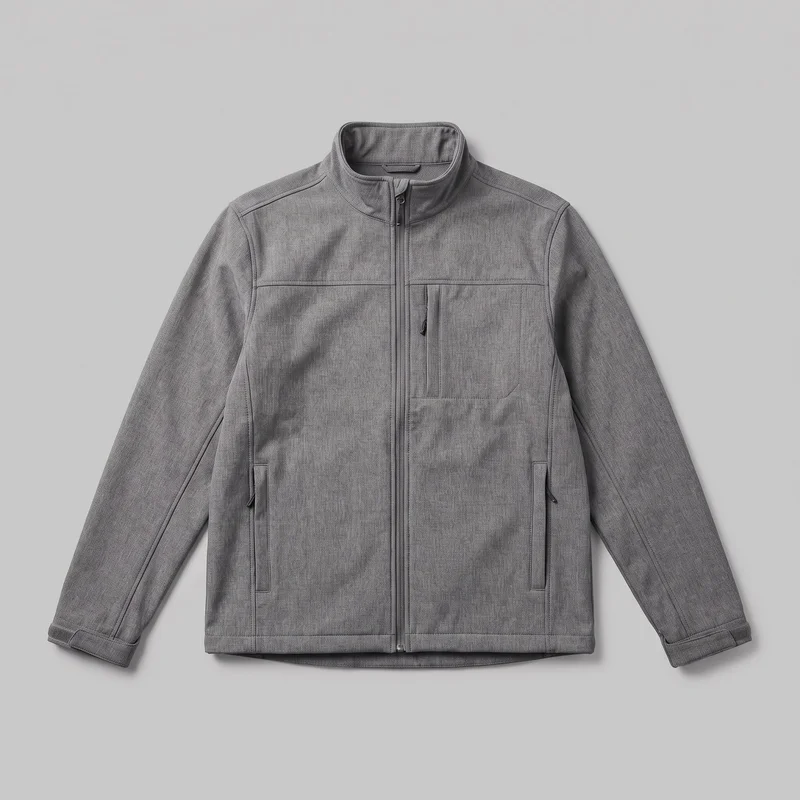 A grey men's softshell jacket is shown laid flat in a mostly complete front view. It has a regular fit, hip-length straight body, high stand collar, long set-in sleeves, full-length center zipper, one vertical zip chest pocket, and two lower vertical zip hand pockets. Panel seams, adjustable tab cuffs, fine woven texture, and a slightly longer back hem are visible.