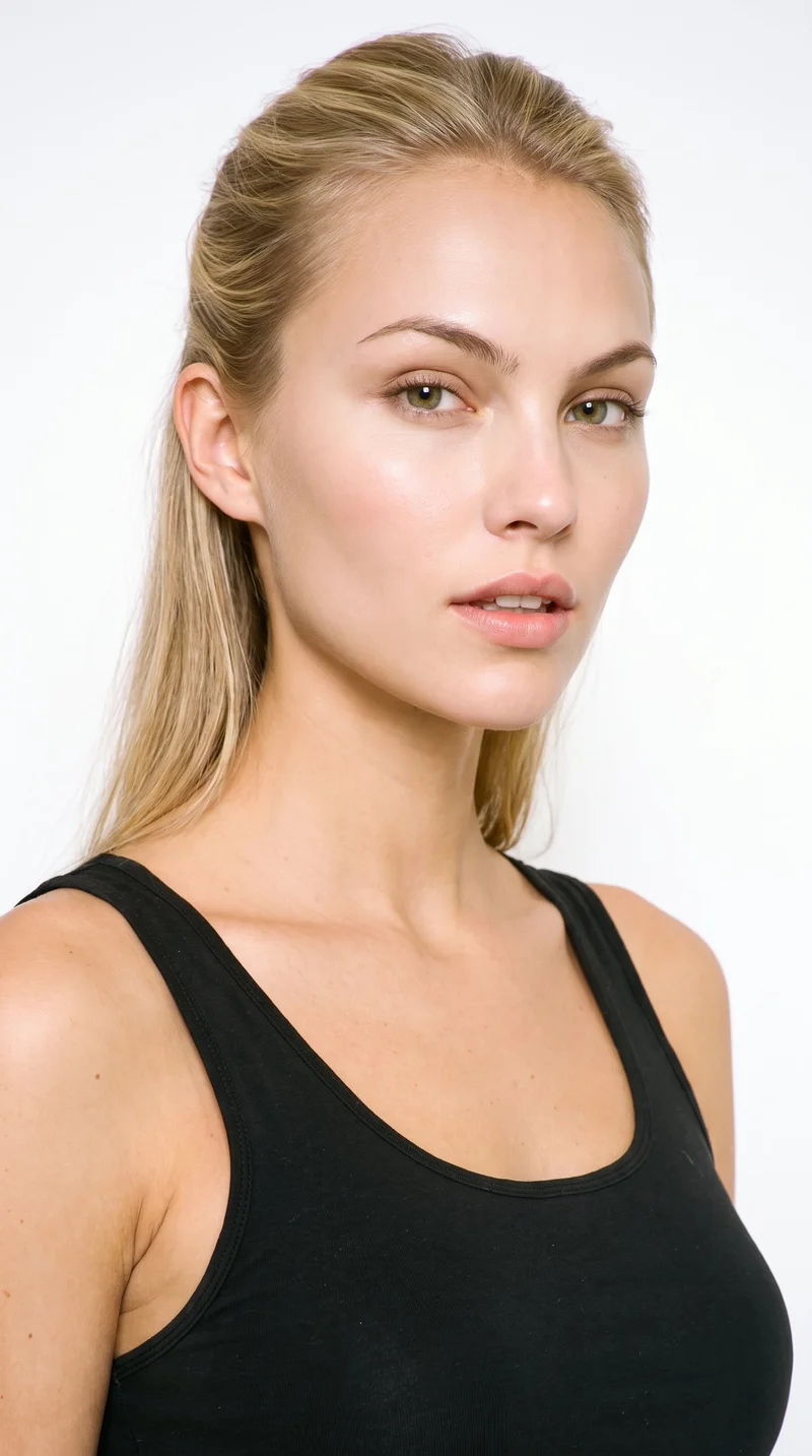 This 21-year-old Caucasian woman has fair skin with a warm golden undertone. Her heart-shaped face has a wider forehead that narrows to a more pointed chin. She has medium-thickness eyebrows, brown eyes, and thin lips. Her mid-tone blonde hair is styled half up and half down, with the upper section pulled back and the lower lengths hanging loose.