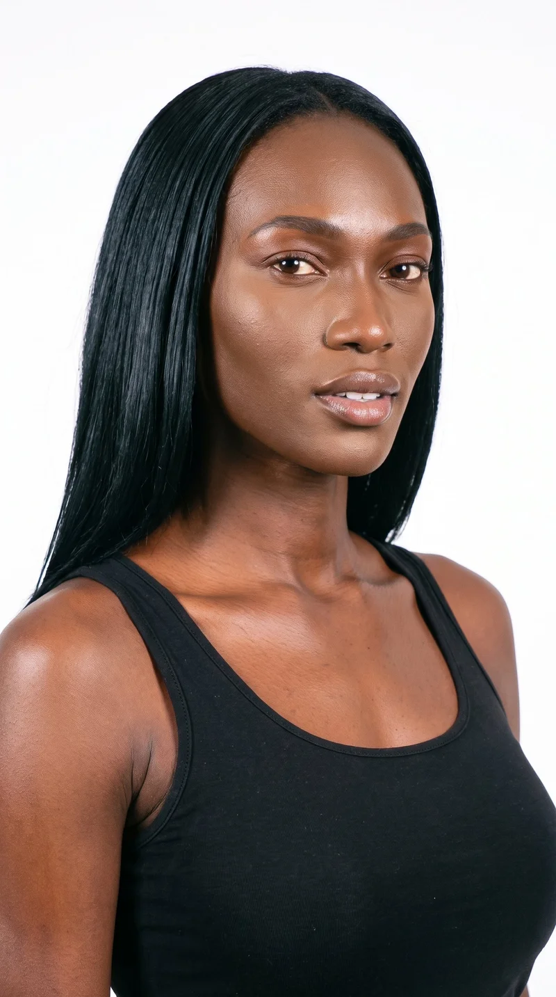 A 28-year-old African woman with dark-brown skin and a red-copper undertone. Her face is long, with more length than width, a tall forehead, and elongated cheeks. She has thick eyebrows, brown eyes, and medium-sized lips. Her black hair is naturally straightened into a smooth, glossy silk-pressed style.