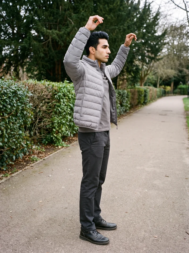 A 31-year-old Arab man wears a men's grey lightweight down jacket in a side-view environmental composition with his arms raised overhead. A park pathway forms the backdrop, and his expression is natural.