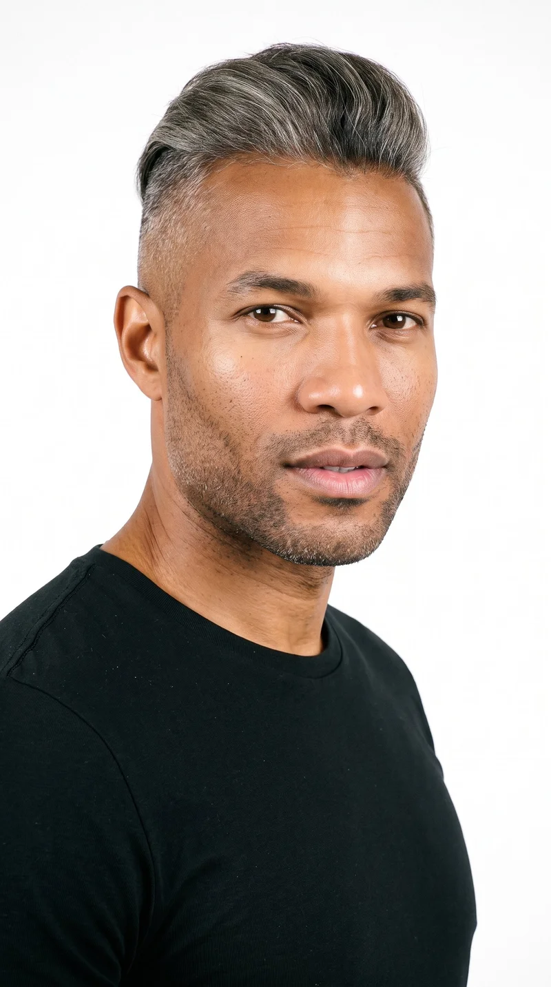 This 36-year-old African man has brown skin with a warm golden undertone. His square face has a broad forehead and a strong, defined jaw, creating an angular, structured appearance. He has medium-thickness eyebrows, hazel eyes with green-gold flecks, and medium lips. His gray hair is styled in an undercut, with longer hair on top and markedly shorter sides and back. Short, even three-day beard growth covers his face with a clearly visible, closely groomed texture.