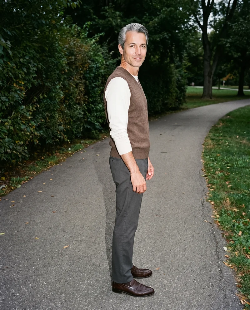 Men's Brown Wool Sweater Vest, Full body at Side, Flash Editorial lighting