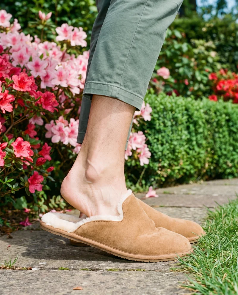 A tan suede men's slipper shown in side view around a flexed ankle. The Azalea Garden serves as the backdrop.