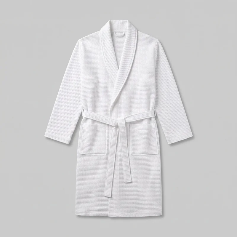 A mostly complete front view of a white waffle-textured wrap bathrobe shown as a standalone product. It has a shawl collar with a deep V opening, dropped-looking shoulders, full-length straight sleeves with open cuffs, a wide self-tie belt, two rectangular front patch pockets, vertical overlap panels, and a straight bottom hem.