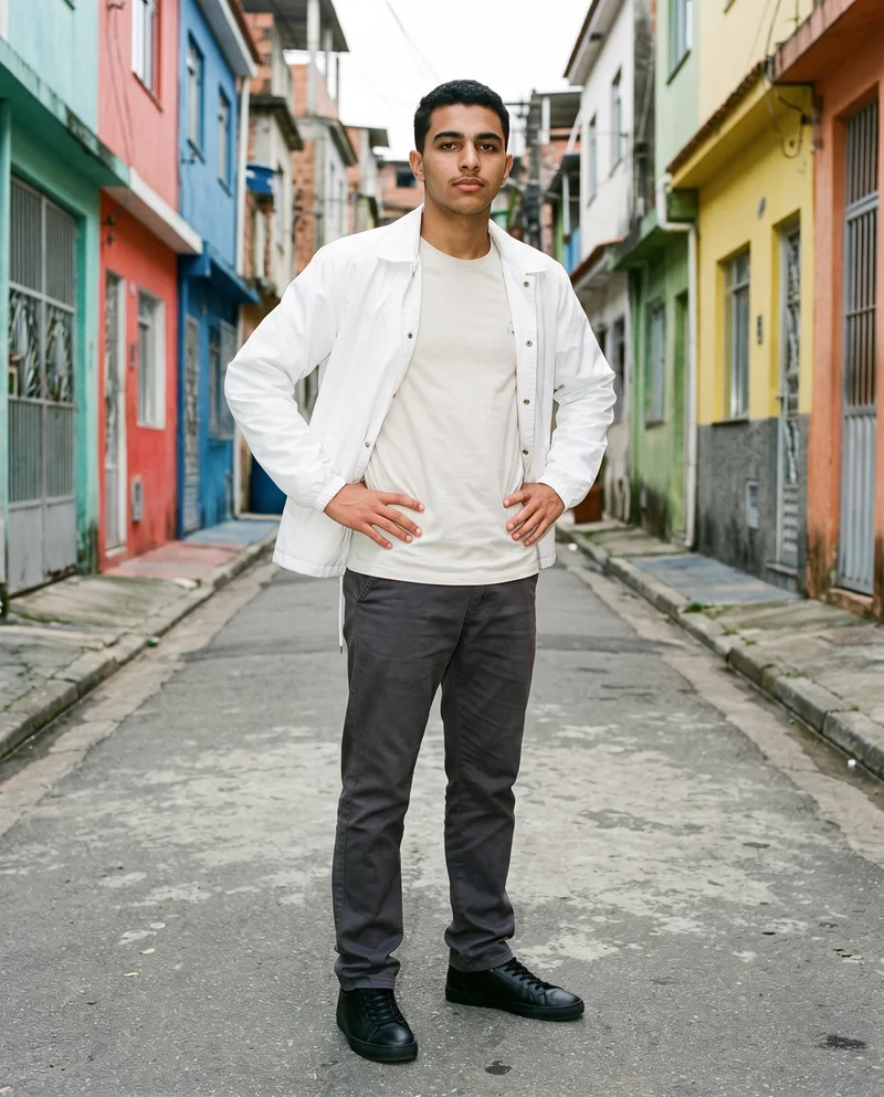 An 18-year-old Arab male model wears a white windbreaker in a full-body view. He stands in a wide stance, shown from a front three-quarter angle with a confident expression, against a Brazilian favela street backdrop.