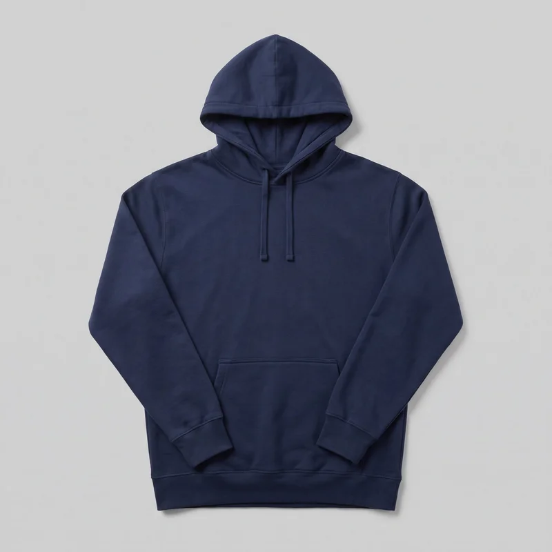 A navy cotton pullover hoodie is shown laid flat in a mostly complete front view. It has an attached drawstring hood with two hanging cords, long sleeves with ribbed cuffs, a ribbed straight hem, and a large kangaroo pocket on the lower front. Shoulder and side-panel seams, a center hood seam, and stitched trim around the hood opening and pocket edges are visible.