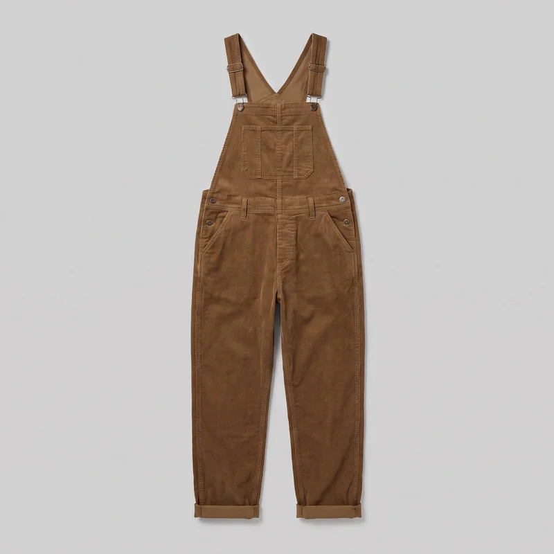 Men's full-length corduroy bib overalls shown in a complete flat front view. The overalls have wide adjustable shoulder straps with metal slide adjusters and hook fastenings, a large divided bib pocket, front slant pockets, belt loops, side button closures, and rolled cuffs at the hems. Fine-wale corduroy texture, reinforced topstitching, and vertical seams are visible throughout.