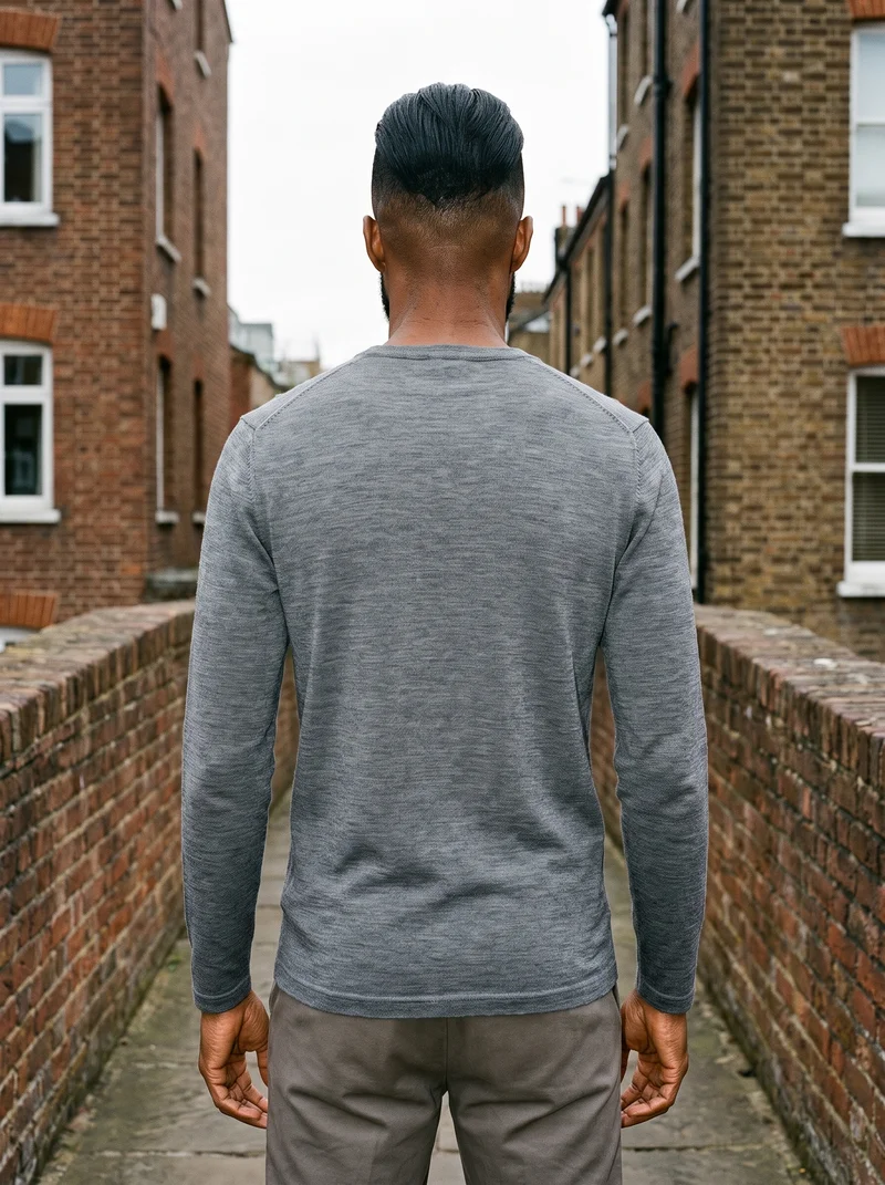 Men's Grey Merino Thermal Top, Three-quarter length at Back, Natural E-Commerce lighting