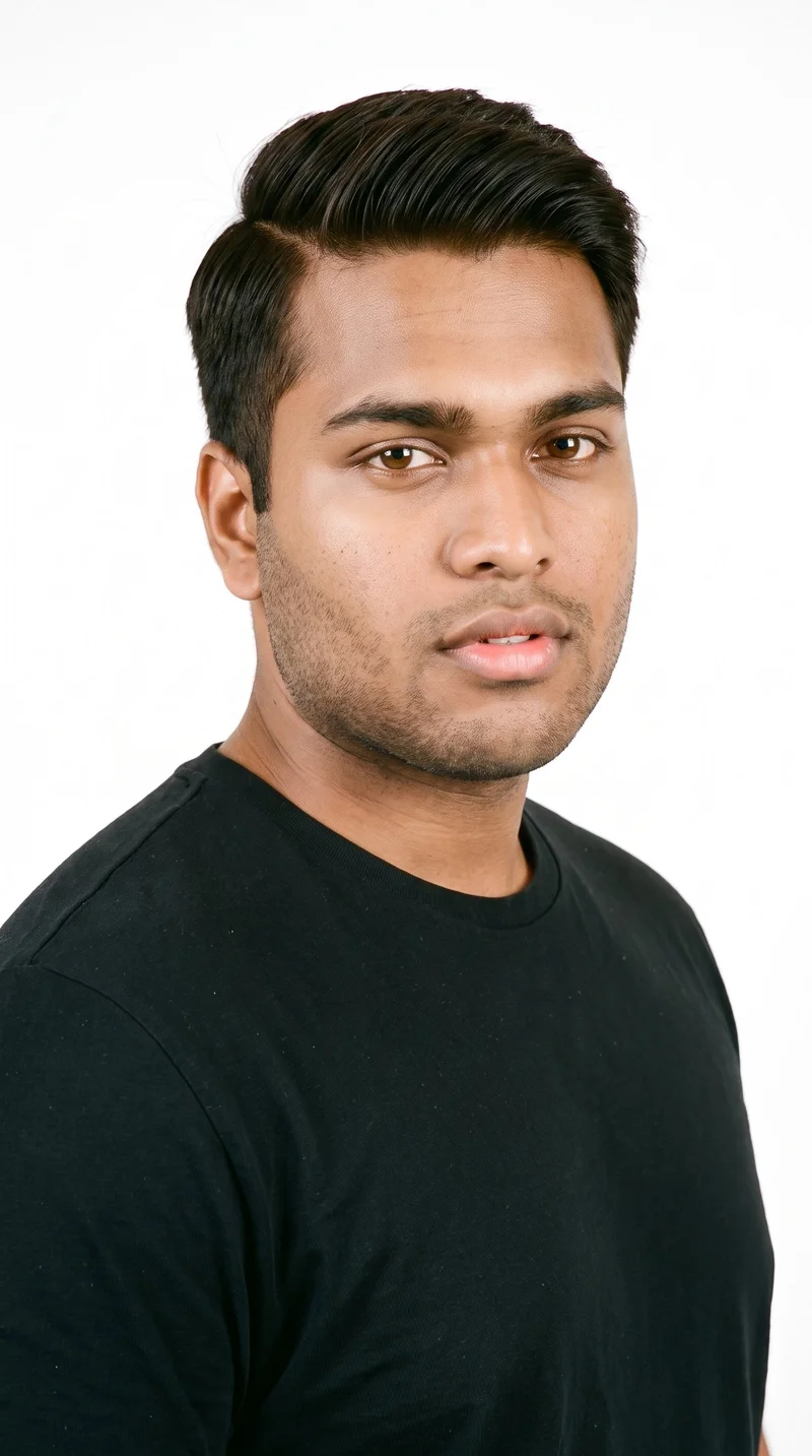 This 20-year-old Indian man has a medium-brown complexion with a warm golden undertone. His triangular face has a broad jaw that narrows toward the forehead, emphasizing the lower face. He has medium-thickness eyebrows, amber eyes, and full lips. His dark-brown hair is combed to one side along a defined part, and fine, closely trimmed stubble lightly covers the beard area.