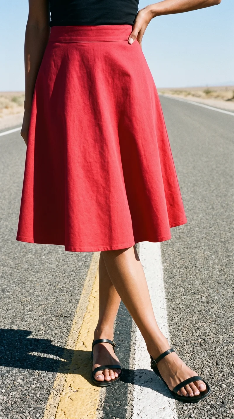 Red A-Line Skirt, Lower body at Three-quarter, Flash Editorial lighting