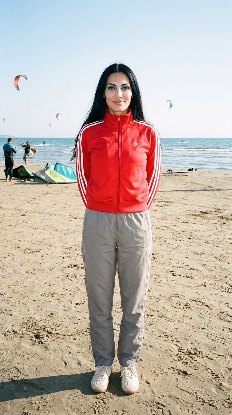 Women's Red Striped Track Jacket, Environmental at Front, Natural E-Commerce lighting