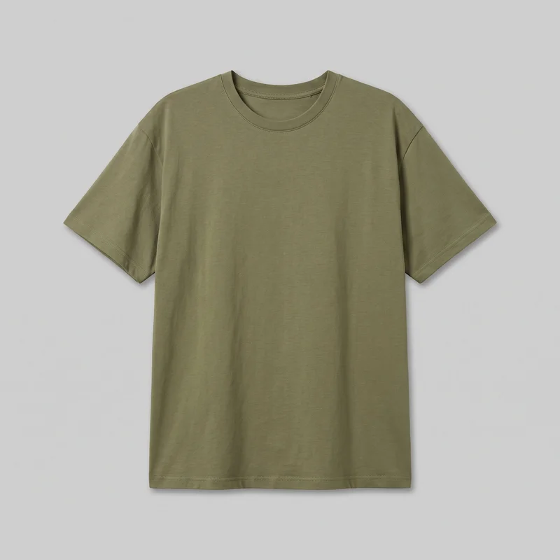 A plain olive short-sleeve crew-neck T-shirt is shown flat in a complete front view. The shirt has a ribbed crew-neck band with visible stitching, set-in sleeves, a straight full-length body, and a straight bottom hem with double-row stitching. No pockets, closures, logos, prints, patches, embroidery, or embellishments are visible.