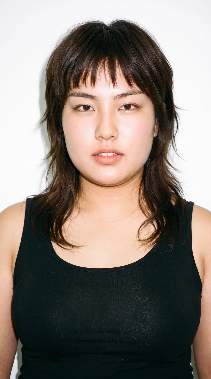 A 20-year-old Japanese woman with light-tan skin and a neutral undertone. Her angular face has sharp, defined cheekbones and jawline, with thin eyebrows, brown eyes, and full lips. She has dark-brown hair styled in a layered wolf cut with volume at the crown and tapered, textured lengths.