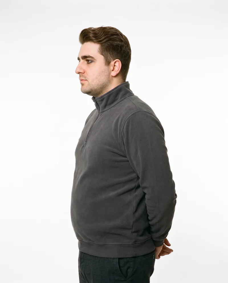 Men's Charcoal Fleece Quarter-Zip, Upper body at Side, Clean Catalog lighting