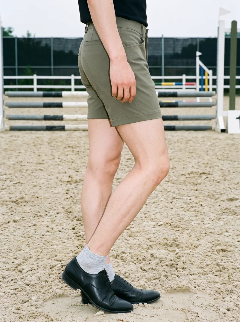 A male model's lower legs are shown in side view with his ankles crossed, wearing grey cotton ankle socks. An equestrian arena serves as the backdrop.