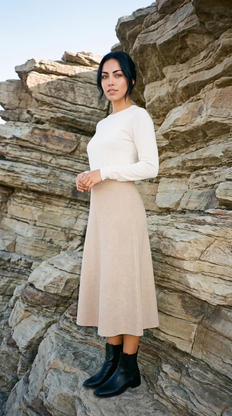 Beige Knit Midi Skirt, Full body at Three-quarter, Clean Catalog lighting
