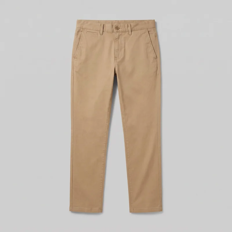 Men's khaki chino trousers laid flat in a complete front view. The trousers have a regular straight-leg silhouette, full-length legs, a flat front, and a mid-rise waistband with belt loops, a center button, and a fly placket. Angled slash pockets, a small horizontal welt pocket below the waistband, vertical side seams, inner-leg seams, visible topstitching, and straight stitched hems are shown.