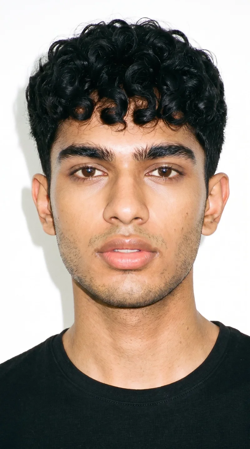 A 19-year-old Indian man with warm honey-toned skin and a neutral undertone. His face has smooth, even, softly refined features, framed by thick eyebrows and brown eyes. He has very full lips, defined black curls brought forward into a textured fringe, and very short facial-hair growth forming a faint, even shadow across the beard area.