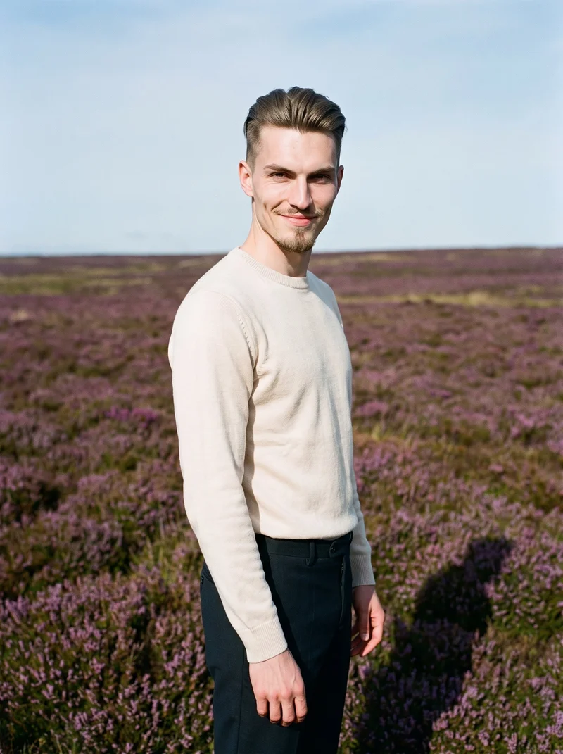 A 23-year-old Caucasian man wearing a cream cashmere knit stands straight in a three-quarter-length, angled-front view with a smile. A Scottish Highlands moor forms the backdrop.