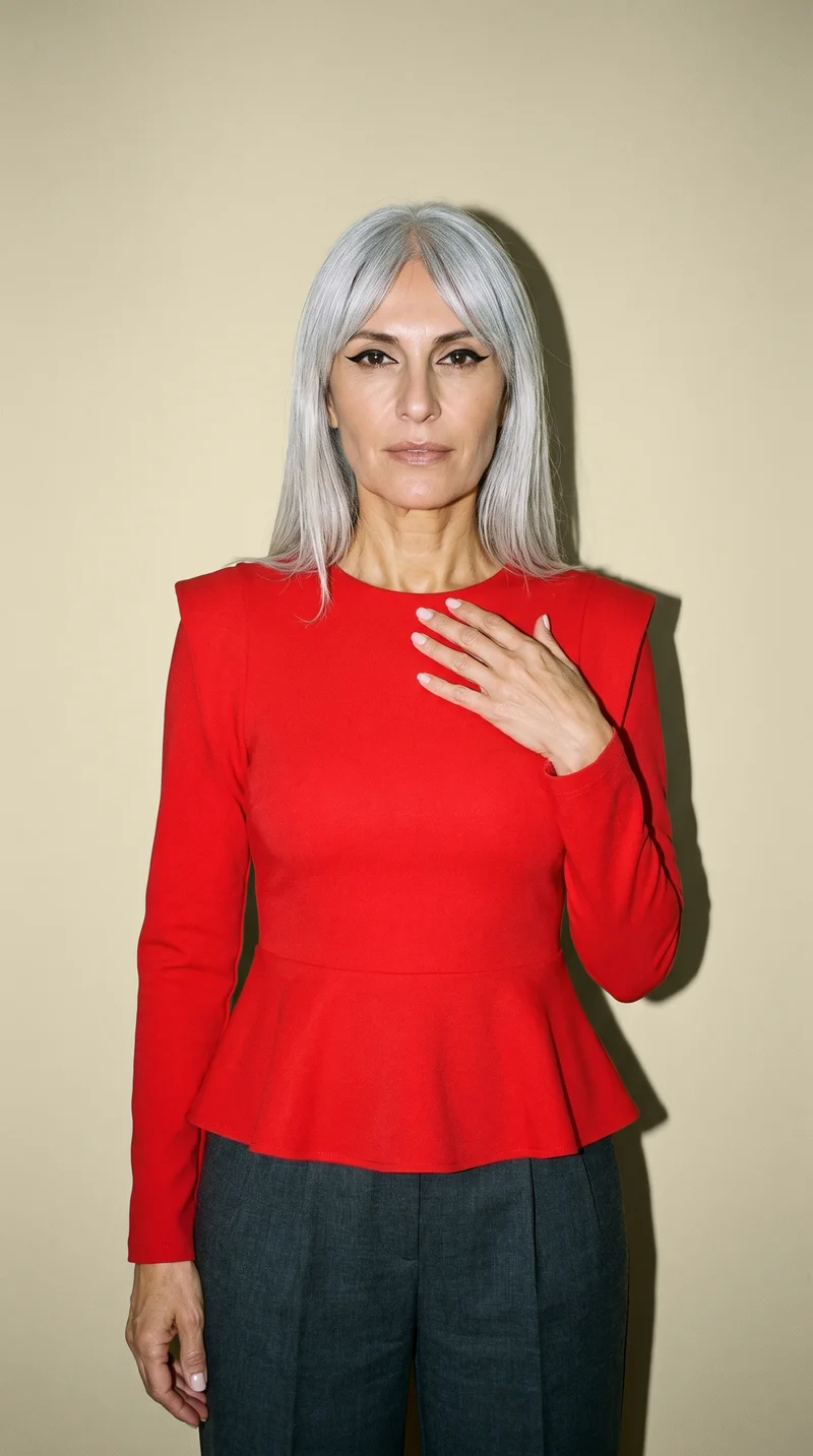 Red Peplum Top, Upper body at Front, Natural E-Commerce lighting