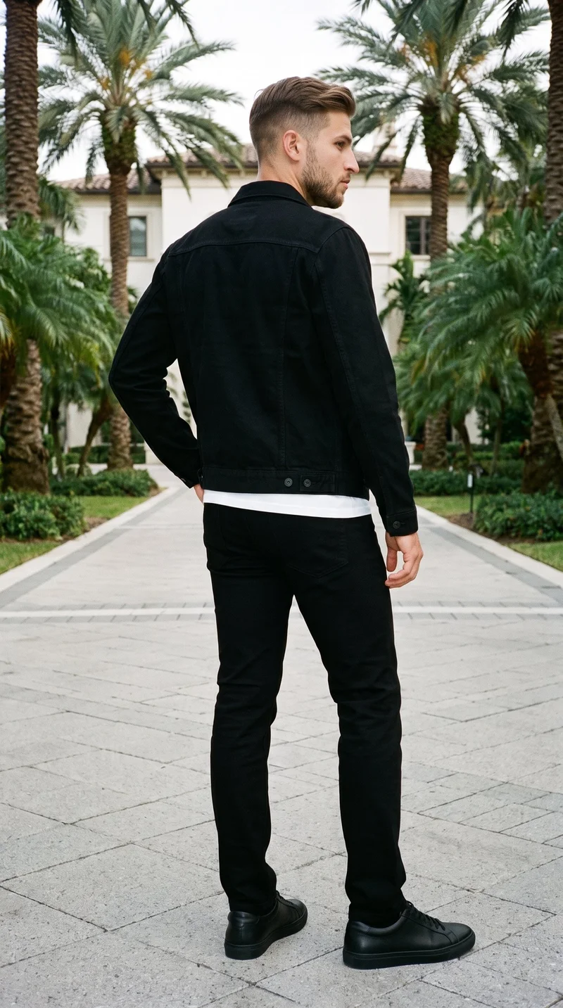 A 22-year-old Caucasian man wears a men's black denim jacket in a full-body angled rear view, with one hand on his hip. The Palm Mansion Boulevard backdrop is visible behind him.