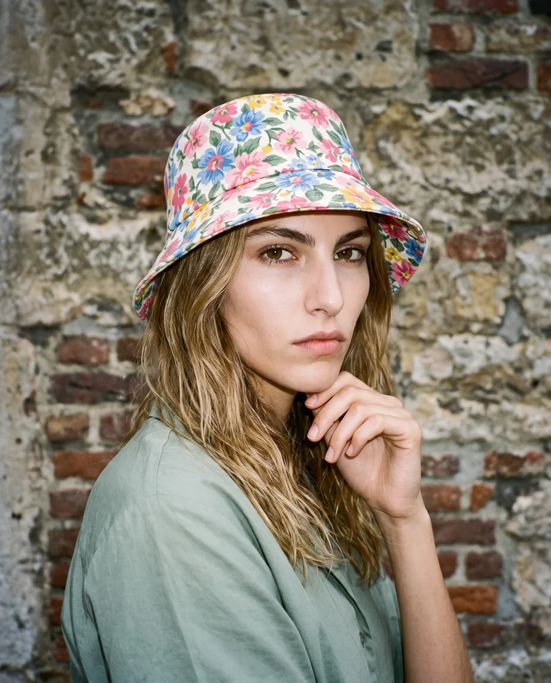 Women's Floral Print Bucket Hat, Bust at Three-quarter, Natural E-Commerce lighting