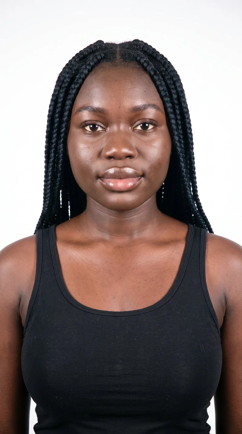 A 19-year-old African woman with dark-brown skin and a cool undertone has a round face with soft, full contours and few angles. Her medium-thick eyebrows frame brown eyes, and her lips are very full. She wears long individual box braids parted from square sections, with deep black hair.