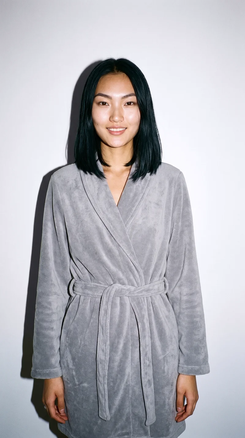 A 20-year-old Chinese woman wears a women's grey fleece robe in a three-quarter-length front view. She is smiling with one hand on her lower back, against a porcelain studio-wall backdrop.