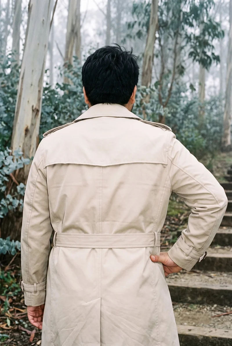 A 22-year-old Southeast Asian man wears a stone cotton trench coat, shown from the rear in an upper-body frame with one hand on his hip. The backdrop is an eucalyptus fog park grove.