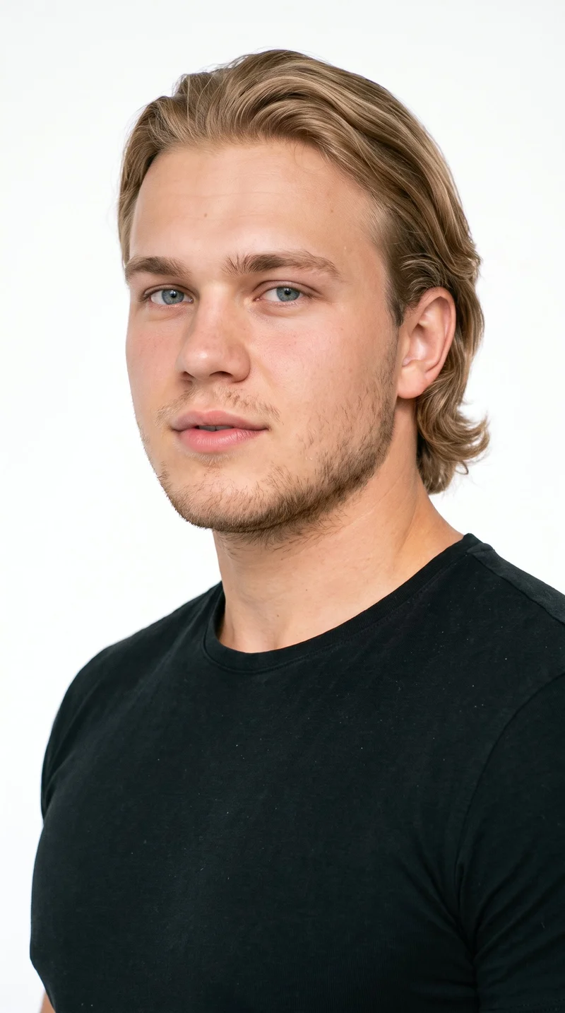 A 22-year-old Slavic man with a light-tan, neutral-undertone complexion and a round face defined by soft, full contours and few angles. He has medium-thickness eyebrows, blue eyes with a cool undertone, and medium lips. His darker, slightly muted blonde hair is medium to long, brushed back with body and movement extending past the ears. Fine, closely trimmed stubble lightly covers the beard area.