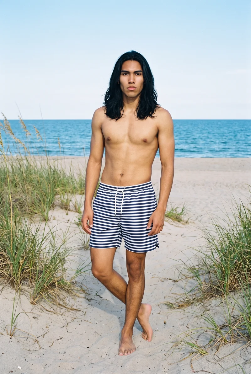 Striped Swim Shorts, Environmental at Front, Natural E-Commerce lighting
