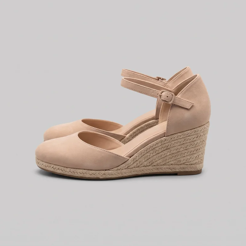 A pair of nude women's espadrille wedge sandals shown in side profile against a product backdrop. Each sandal has a closed rounded toe, a low-cut side opening, a closed heel counter, and a narrow ankle strap with a rectangular buckle and punched adjustment holes. The raised platform wedge features a braided espadrille-style wrap around the midsole and a thin outsole along the bottom edge.