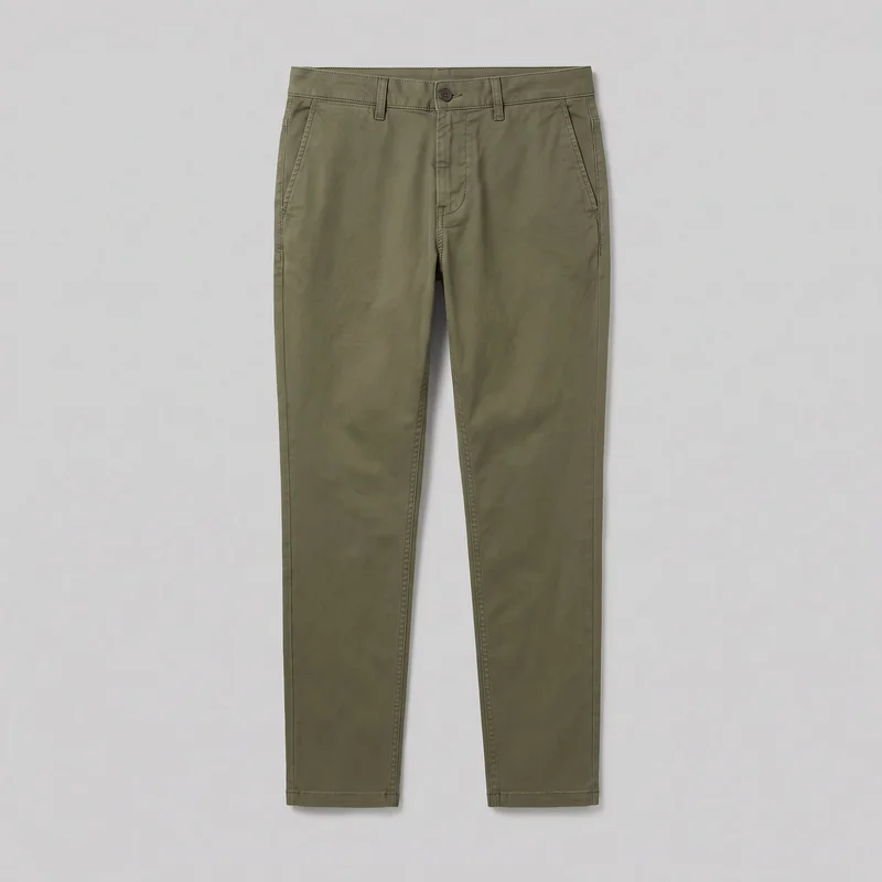 Men's olive tapered chinos shown in a mostly complete front view against a plain backdrop. The pants have a flat front, mid-rise waistband with belt loops and a centered fly with a single button, two slanted front pockets, tapered full-length legs, and plain straight hems.