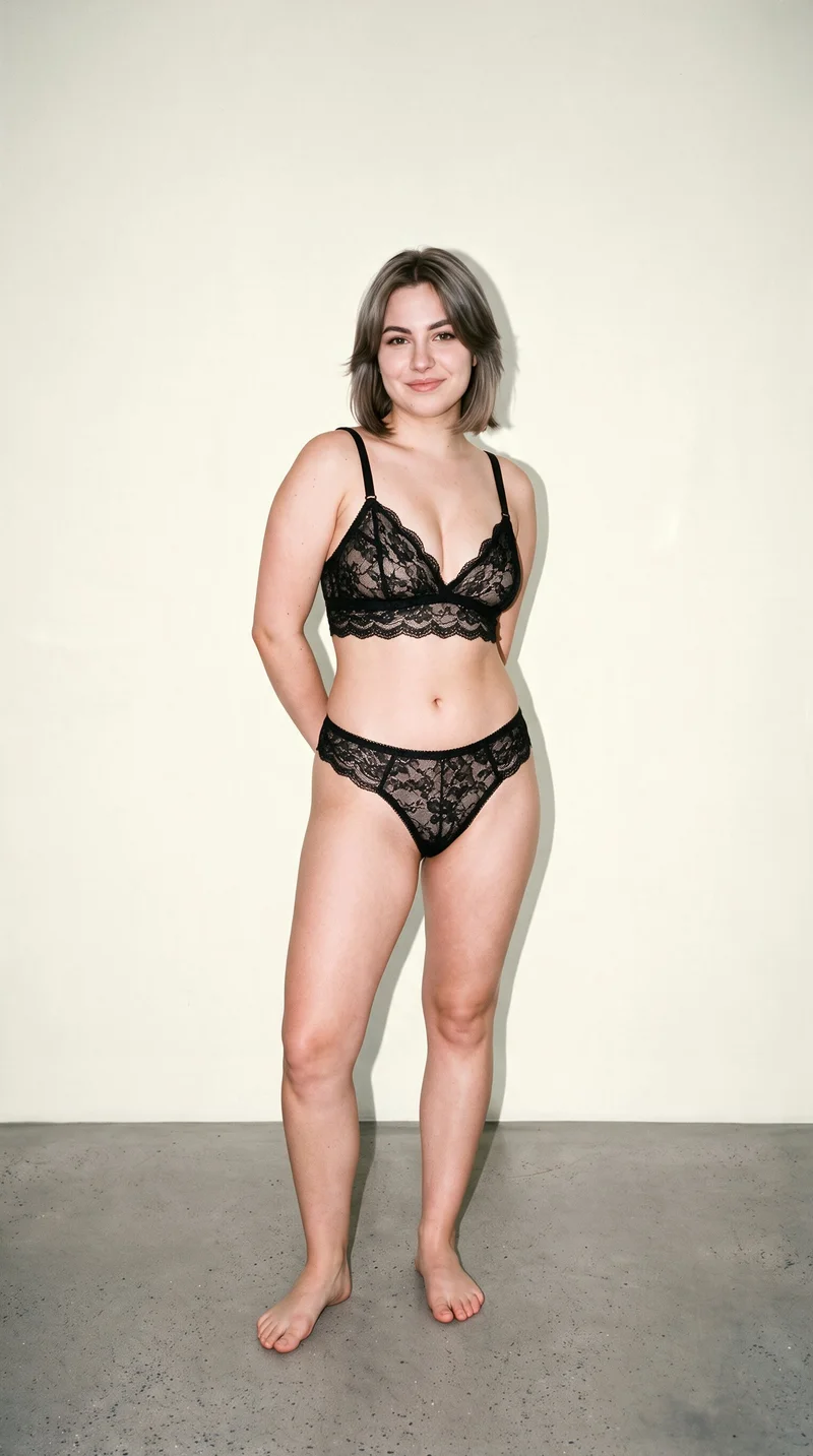 A 25-year-old Slavic woman wears a black lace lingerie set in a full-body, angled-front view. She stands with her hands behind her back and a natural facial expression against an ivory lace studio-wall backdrop.