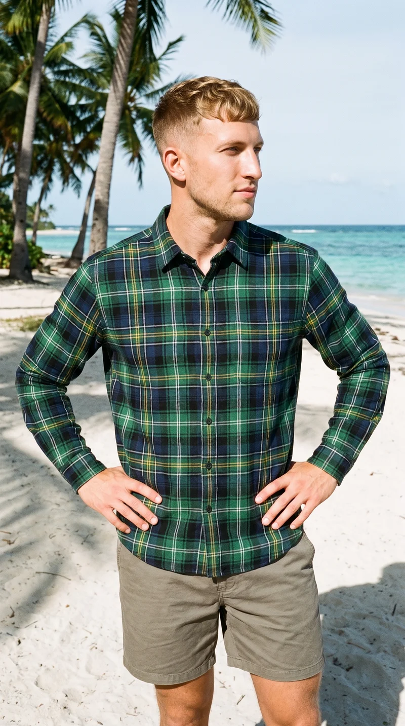 A 26-year-old Caucasian man wears a green plaid flannel shirt in a three-quarter-length composition. He is shown from a front three-quarter angle with his hands on his waist and a natural facial expression, against a palm tree beach backdrop.