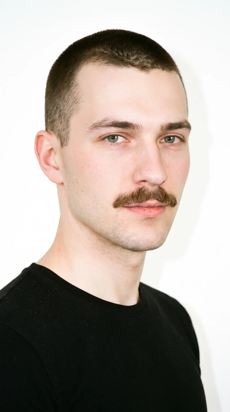 A 22-year-old man of Slavic ethnicity has very pale skin with a peach undertone and an oval face with balanced proportions and a softly rounded jaw. His eyebrows are thin, and his eyes are green. He has thin lips and a thick chevron moustache over the upper lip, angled downward at the sides. His dark-brown hair is clipped very short and evenly in a buzz cut.