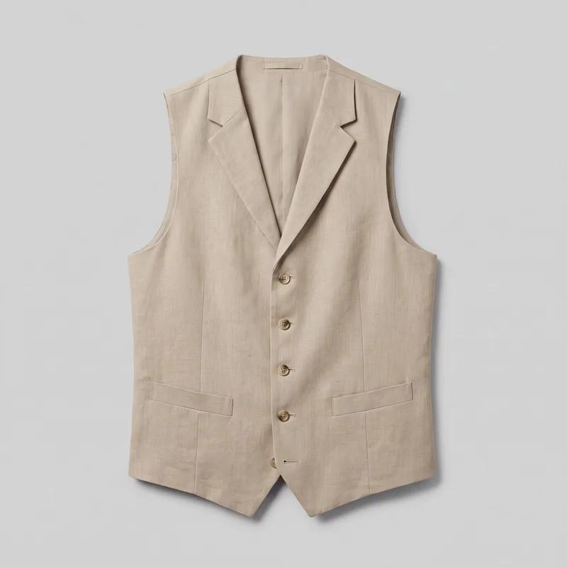 A mostly complete front view of a beige linen men's waistcoat laid flat against a backdrop. The sleeveless tailored design has a structured torso, deep V opening, notched lapels, broad shoulder line, cutaway armholes, a single-breasted row of round buttons, two lower welt pockets, and pointed front hem tips.