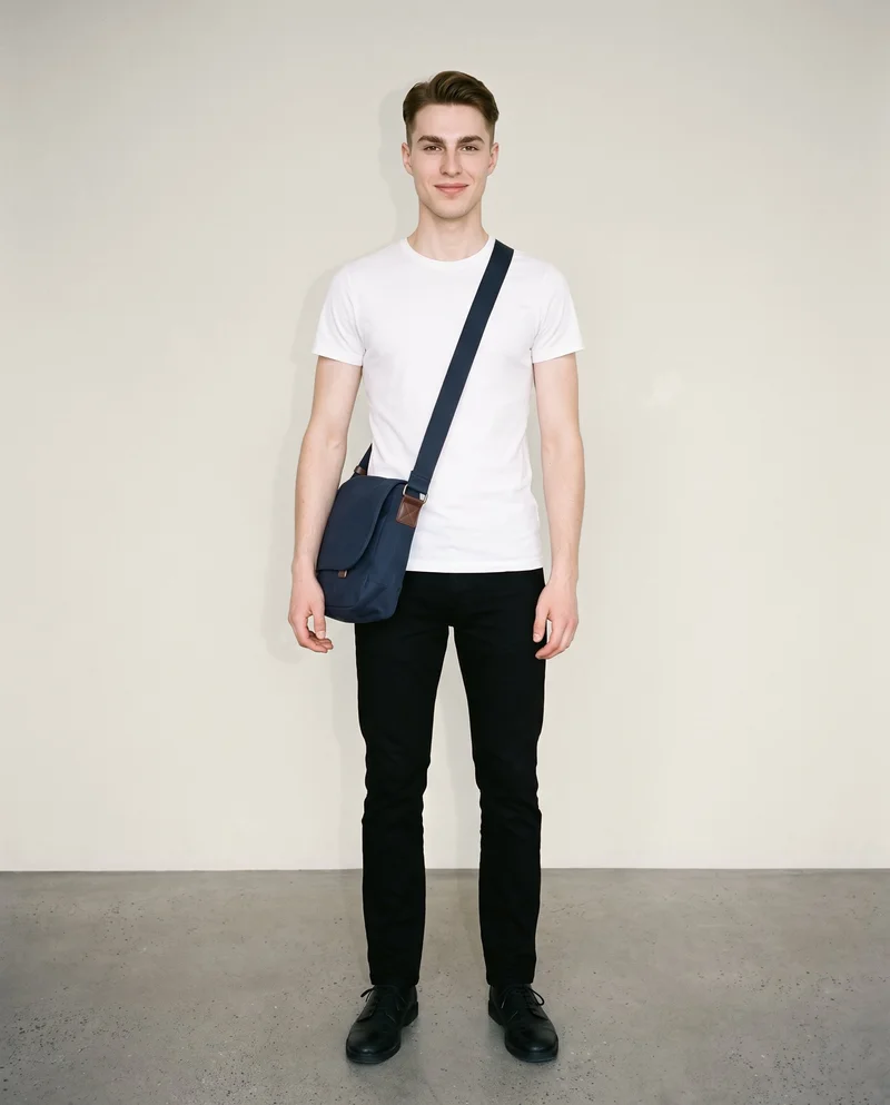 Navy Messenger Bag, Full body at Front, Clean Catalog lighting