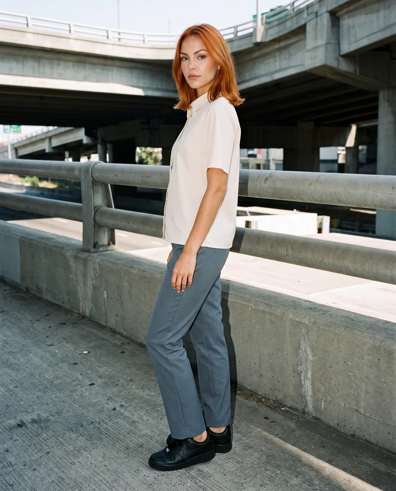 A 21-year-old Caucasian woman wears a cream cotton blouse in a full-body side view. She stands in a relaxed pose with a confident expression, against a highway overpass backdrop.