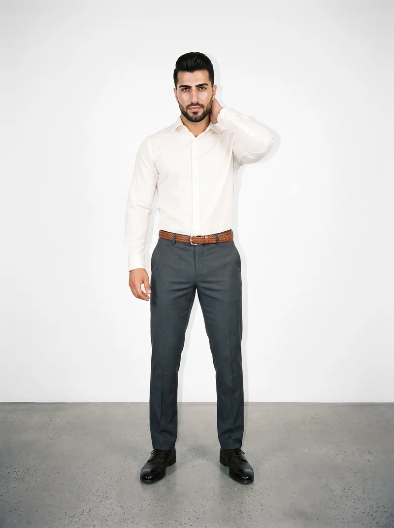 Men's Tan Woven Leather Belt, Full body at Front, Natural E-Commerce lighting