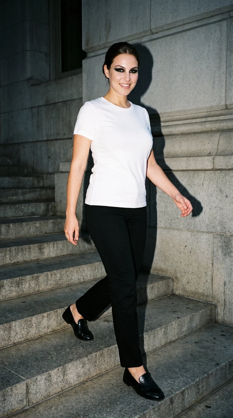 A 29-year-old Caucasian woman wears a white crew-neck T-shirt in a full-body angled-front view while walking. Her natural expression is visible against a courthouse steps backdrop.