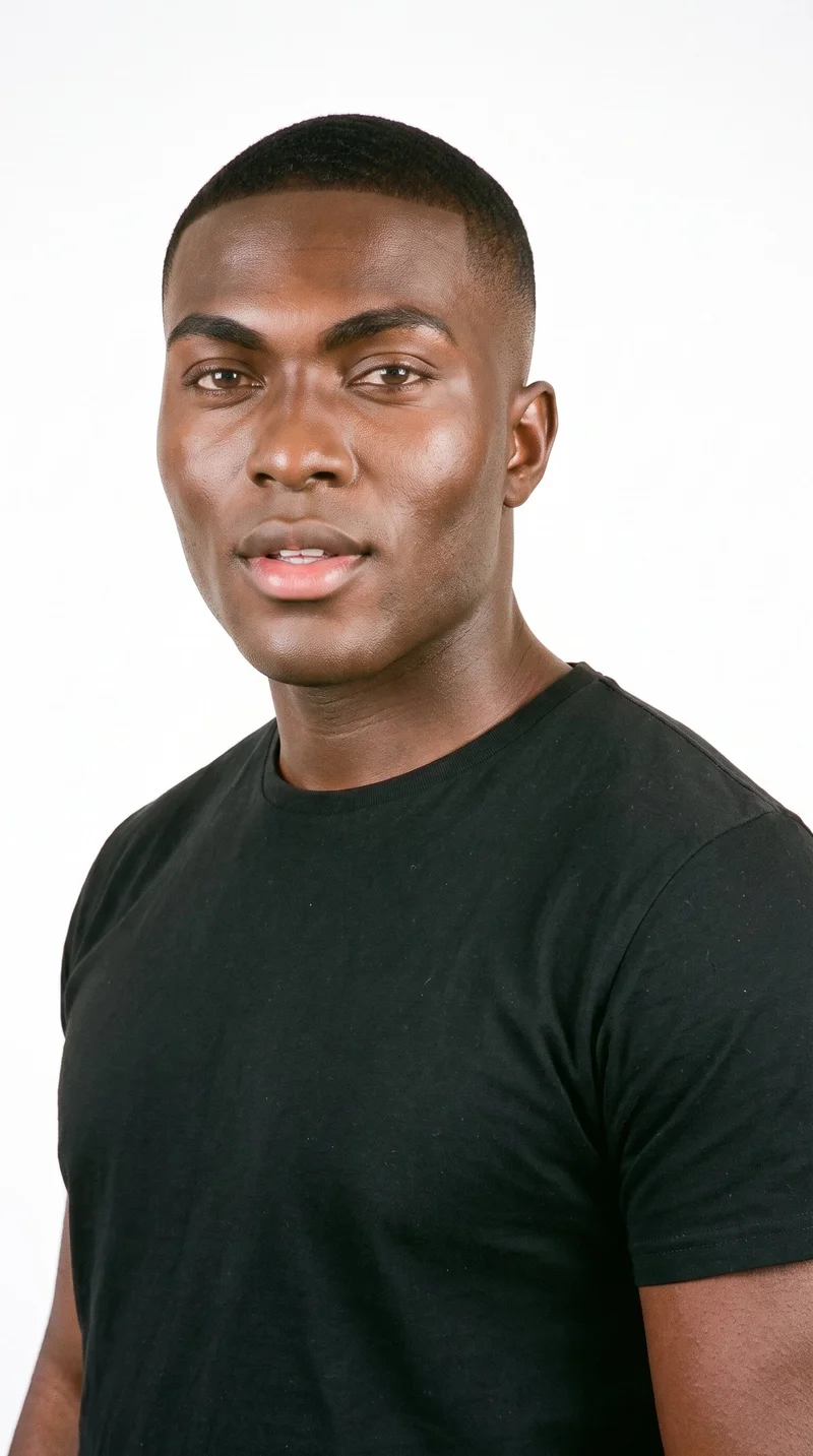 This 25-year-old African man has a very deep brown to black complexion with a red-copper undertone. His diamond-shaped face has a narrow forehead and jaw, with the greatest width across the cheekbones. He has thick eyebrows, hazel eyes with green-gold flecks, and full lips. His dark-brown hair is styled in a fade, longer on top and tapering to very short sides that blend down to the skin. He is clean-shaven, with a smooth face.