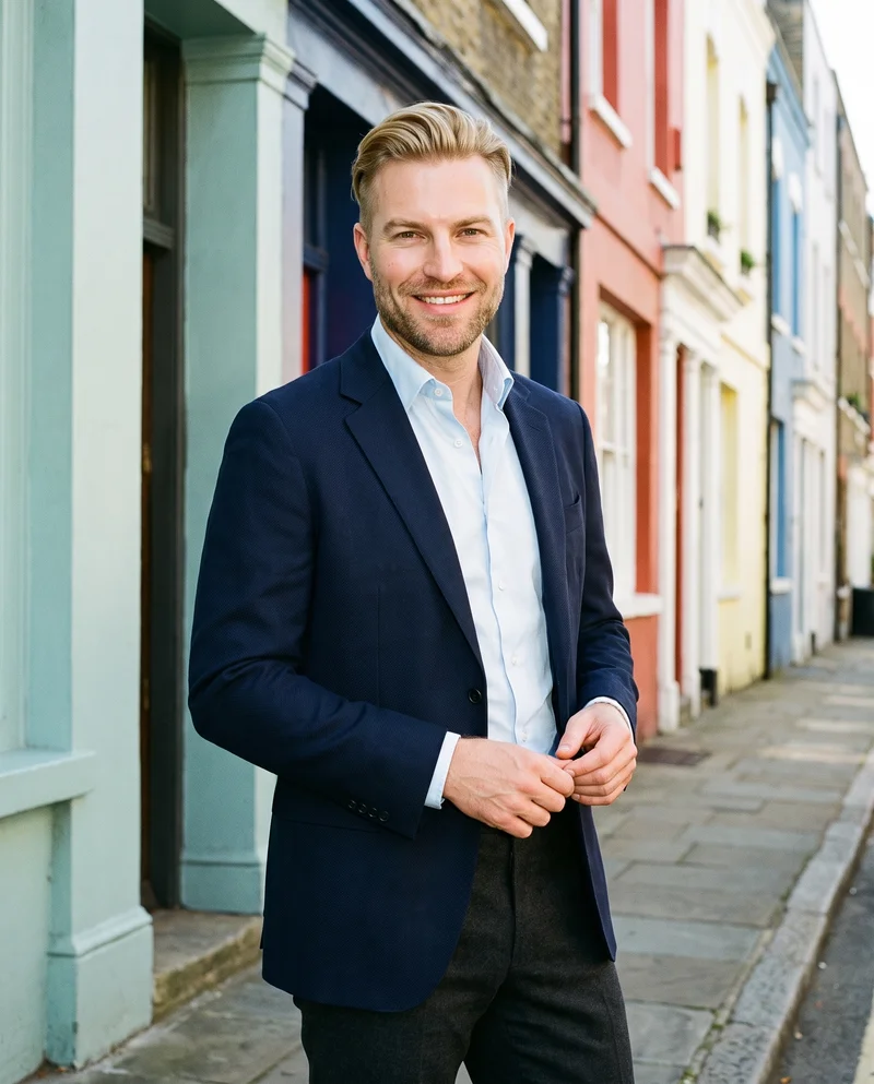 A 45-year-old Caucasian man wears a navy wool blazer, shown from a front three-quarter angle in a three-quarter-length frame with his hands held in front and a smiling expression. Charleston Rainbow Row appears as the backdrop.