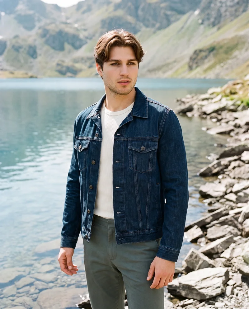 A 25-year-old Caucasian man wears a men's indigo denim jacket while standing in a relaxed pose. He is shown from the front three-quarter angle in a three-quarter-length frame with a soft facial expression, against an alpine lake shore backdrop.